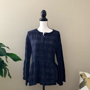 Ann Taylor Loft Navy Blue Women's Top semi-sheer w checks size medium EUC B62